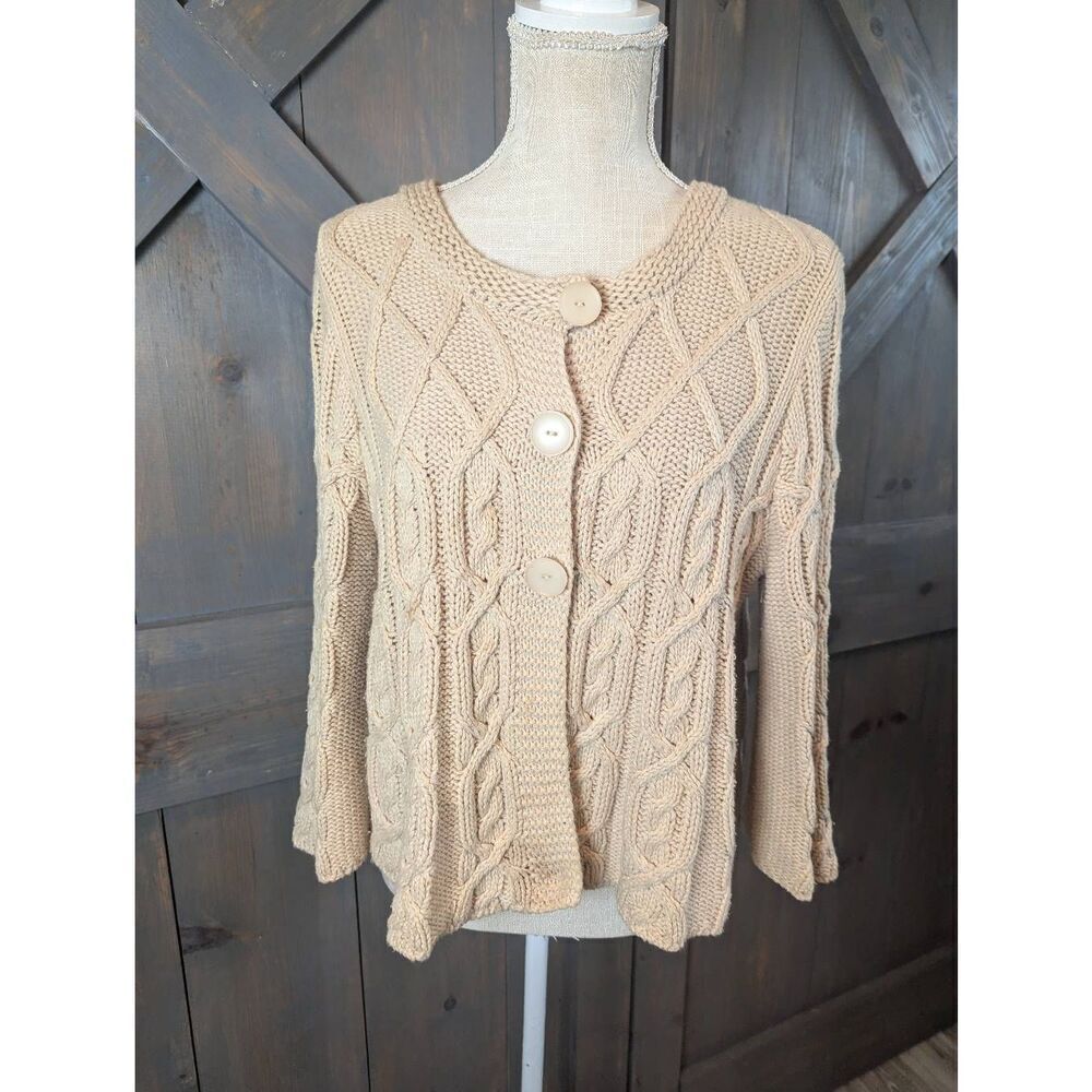 Jillian Nicole Cardigan Sweater Women's PLarge Beige Cotton Blend Cable Knit